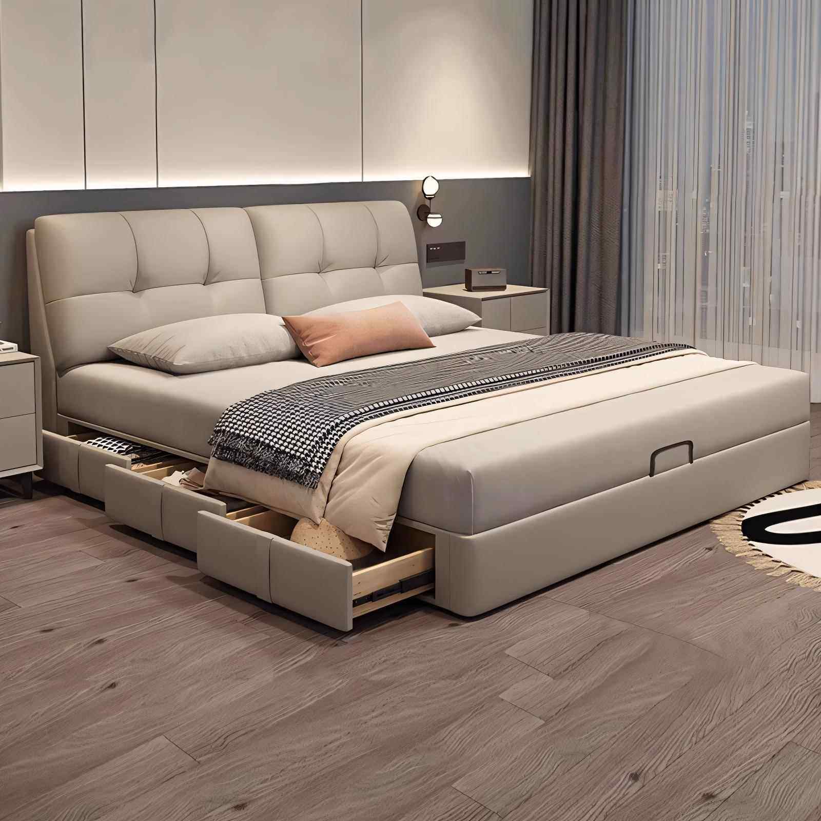 真皮床主卧高端大气储物皮艺床带抽屉收纳盒现代简约软包双人面包