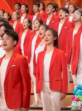 正品人红色西装套装舞演出服男主台持大合团唱服装唱红歌司仪男装