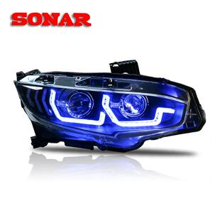 适用十代思域大灯总成改装 LED流光转向灯日行灯一抹蓝双光透镜灯
