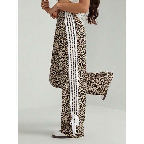 Leopard Stripe Bow Tie Waist Adjustable Drawstring Casual