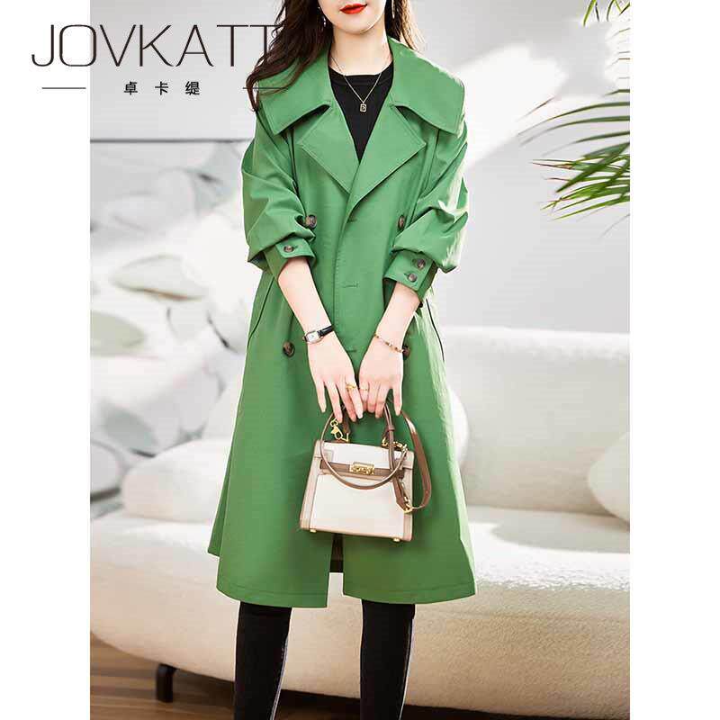 JOVKATTI秋季修身显瘦双排扣休闲 绿色气质大翻领中长版风衣外套