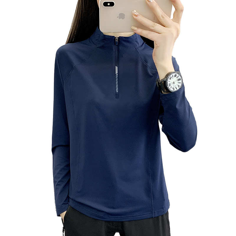 户外运动速干衣女夏季长袖立领运动徒步弹力上衣透气登山快干衣服