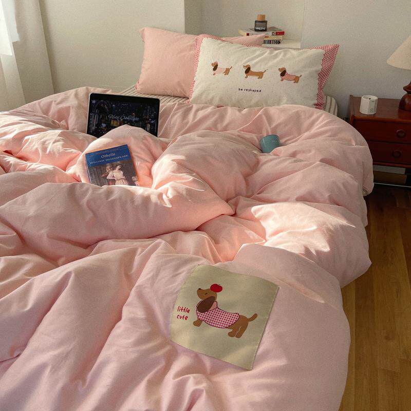 少女心奶油风粉色全棉四件套纯棉被套床单床笠单人学生宿舍三件套