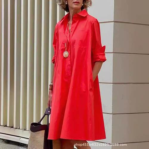 Women's Long-Sleeve Solid-Color Lapel Casual Dress Summer