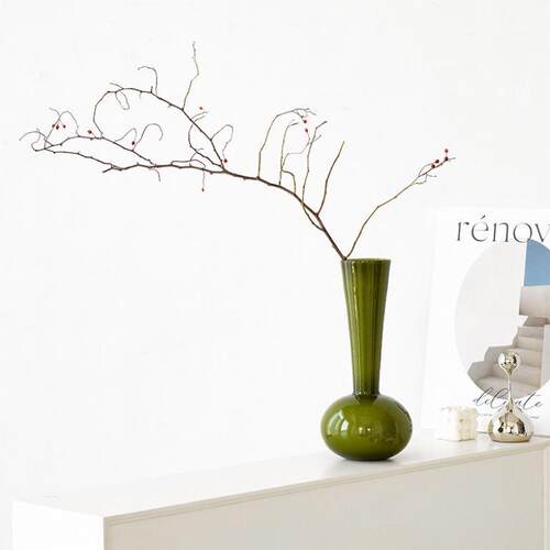 现代简约天鹅颈橄榄绿复古中古花瓶摆件客厅插花桌面装饰品花器