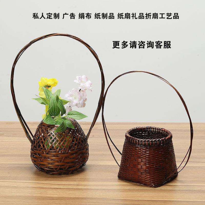 手提竹编花篮干编织收纳篮子藤编花器插花摆件厂家手工