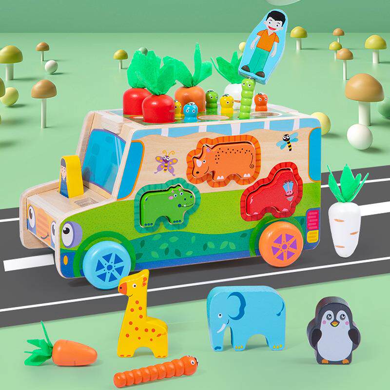 幼儿益智木制玩具儿童拖拉拔萝卜车形状颜色认知配对拖车走位游戏