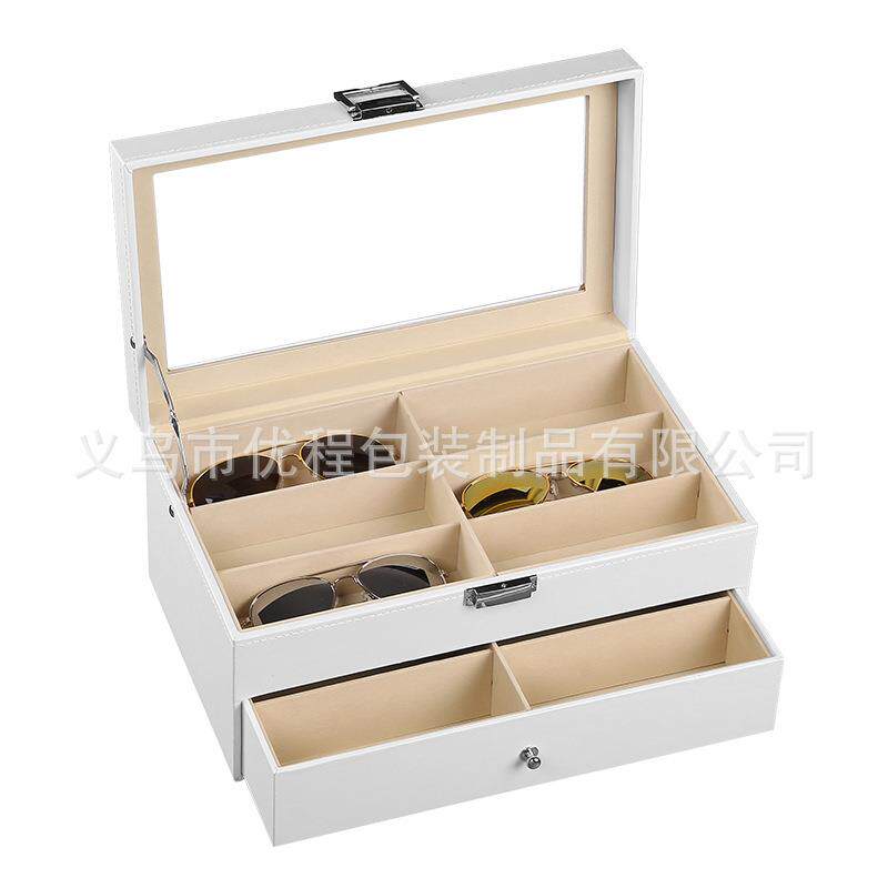 现货皮革太阳眼镜墨镜收纳盒白色pu双层眼镜盒12格眼镜展示盒