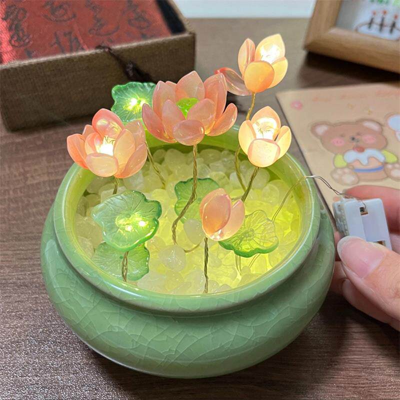 荷花小夜灯中秋节手工diy材料包自制莲花琉璃摆件送女友创意礼物