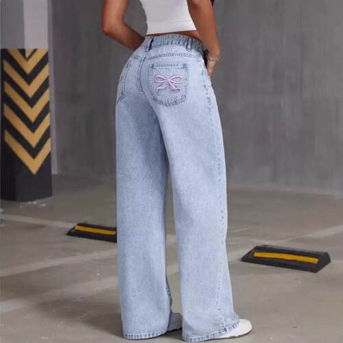 Teen Girls' Loose-Fit Butterfly Print Denim Wide-Leg Pants