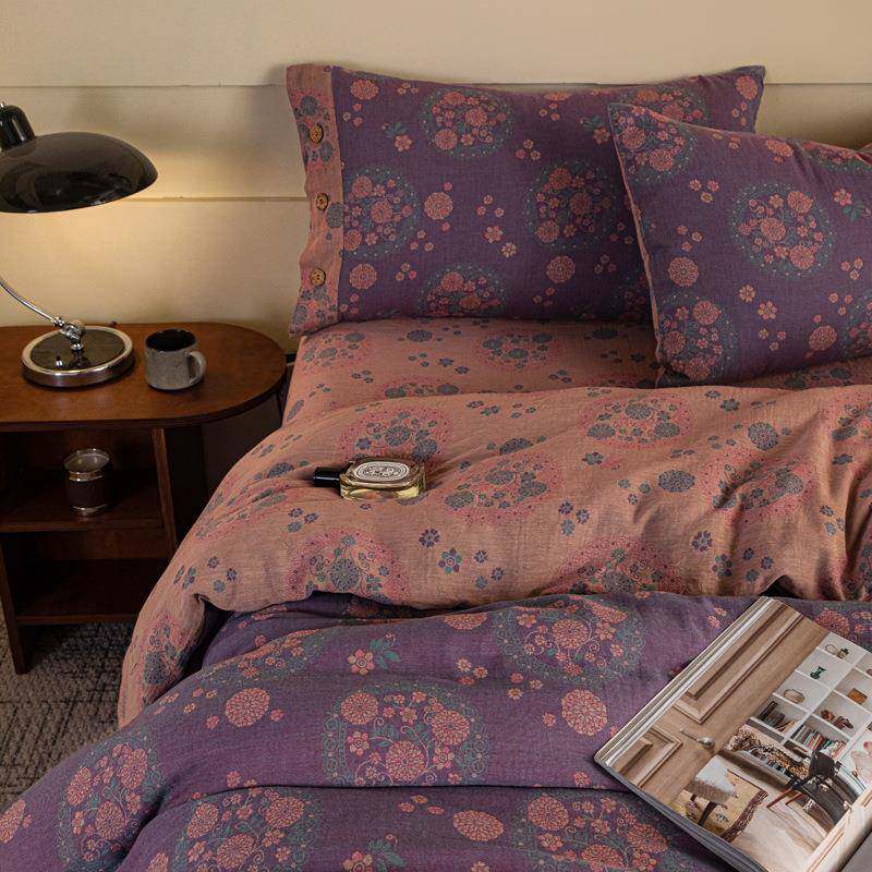 新中式双层纱色织花卉提花全棉复古风四件套小众个性卧室家居