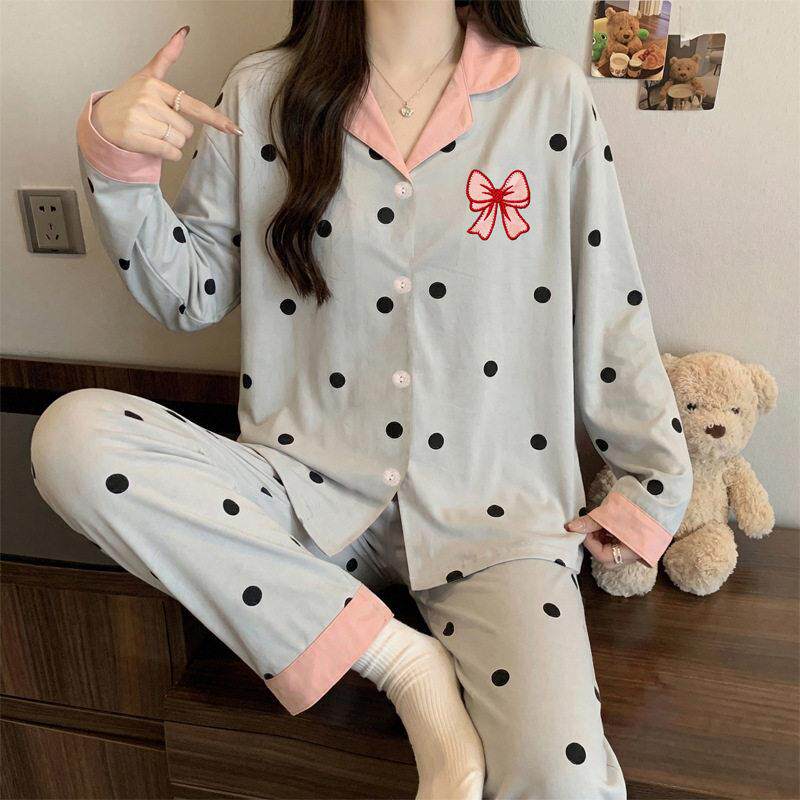 韩系圆点蝴蝶结高级感仿棉睡衣翻领开衫家居服睡衣女长袖套装