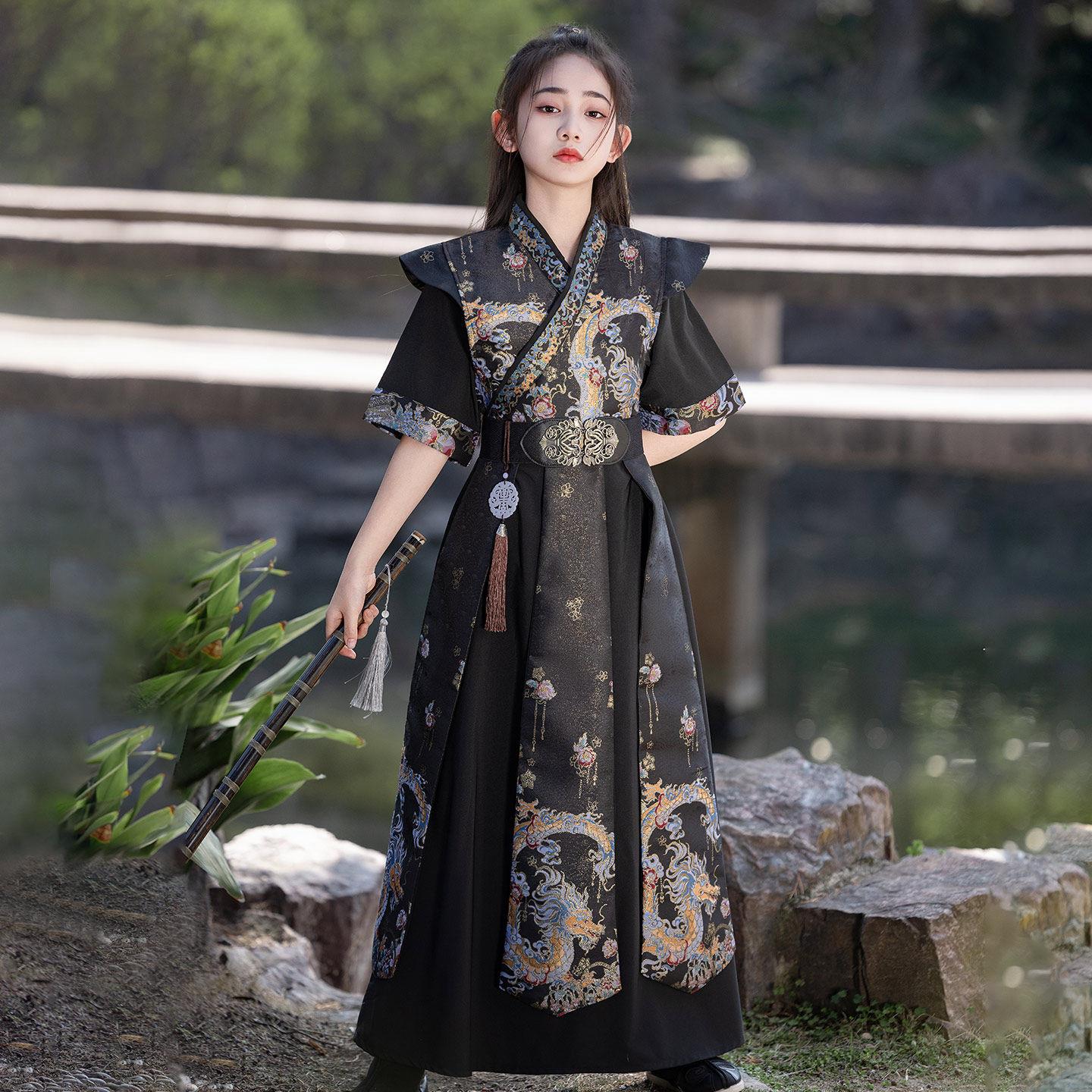 女童黑色汉服夏季短袖古装花木兰服装儿童女侠飞鱼服演出服男童飒图片
