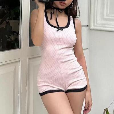 Girl inspired polka dot print collar sleeveless tight