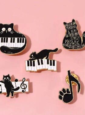 Cute Black Cat Metal Pins Music Note Brooches Cartoon Piano