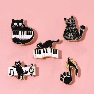 Cute Black Cat Metal Pins Music Note Brooches Cartoon Piano
