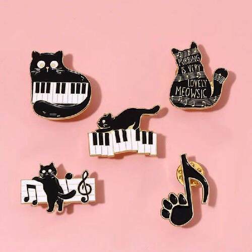 Cute Black Cat Metal Pins Music Note Brooches Cartoon Piano