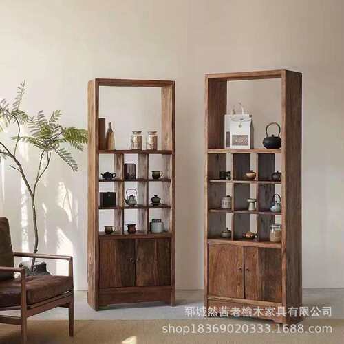 新中式老榆木博古架客厅玄关隔断收纳柜多宝阁茶具酒瓶展示柜书架