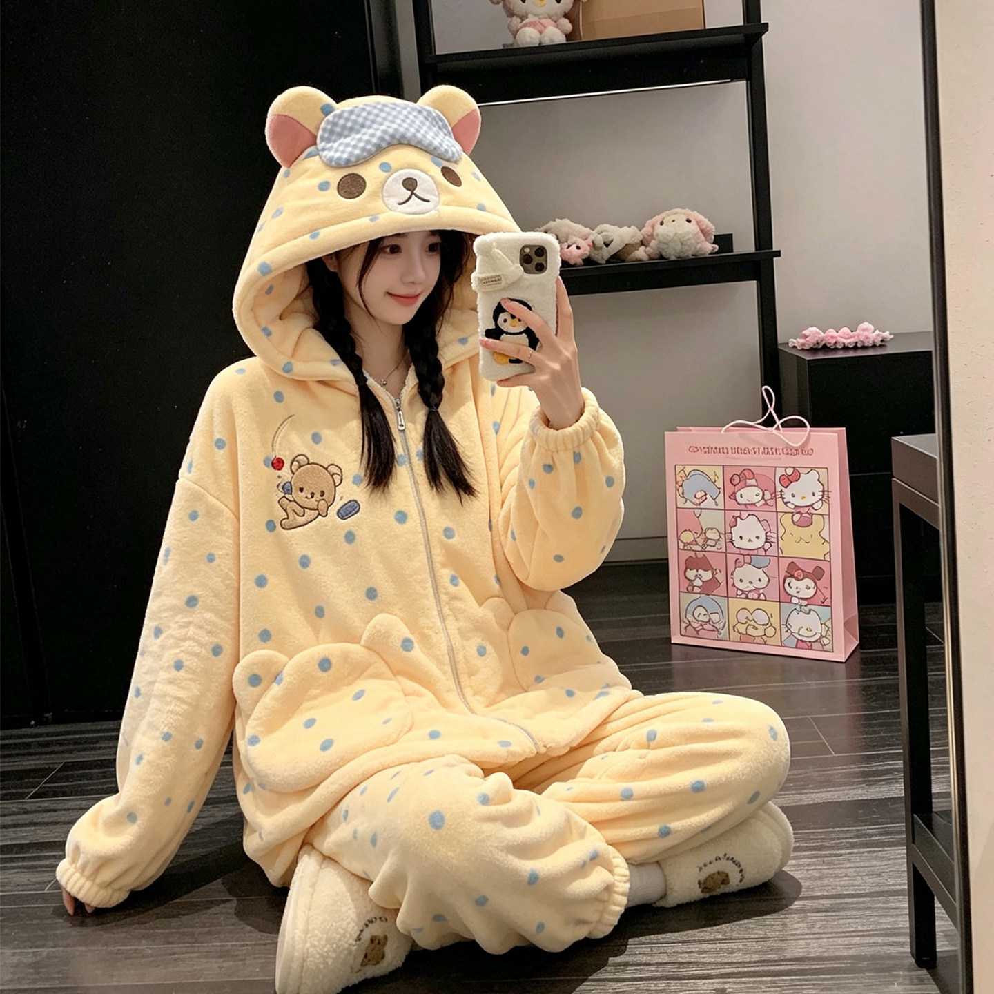 睡衣黄色小熊法兰绒女款秋冬季加厚拉链珊瑚绒家居服套装1027d