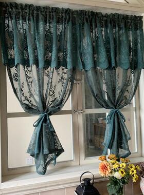 美式窗纱帘飘窗成品窗帘阳台田园复古免打孔韩式碎花墨绿色魔术贴