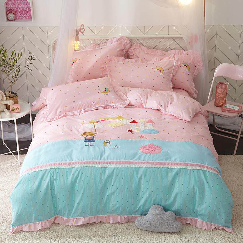 正品儿童.卡通全棉床单被套小女孩三纯棉四套粉色公主风15件m床笠