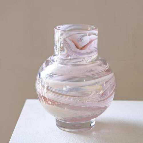 中古花瓶粉色云纹桌面琉璃小花瓶家居玻璃插花器极简复古法式