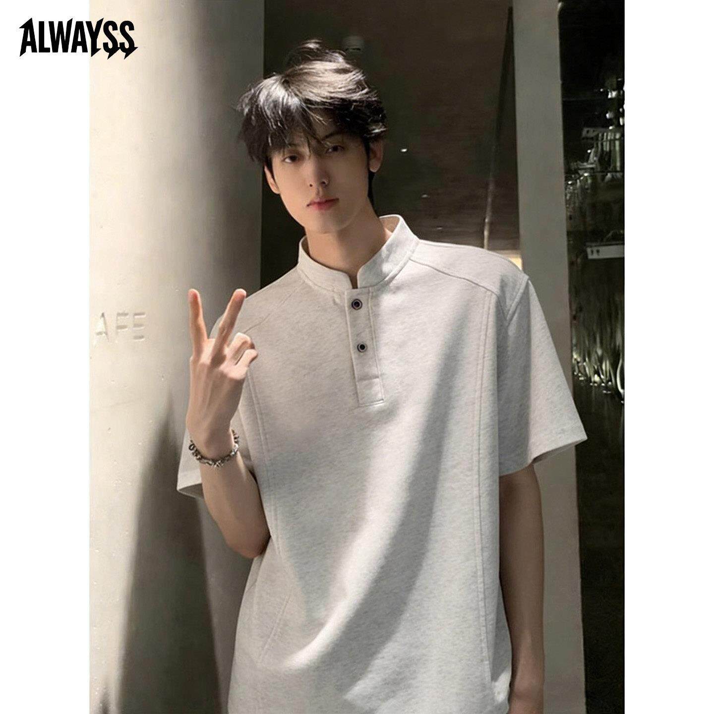 白灰色亨利领短袖T恤男夏季美式高级感重磅拼接POLO衫男休闲上衣