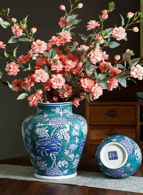 湖蓝色花瓶可水培插花摆件玄关博古架装饰新中式青花瓷花瓶高级感