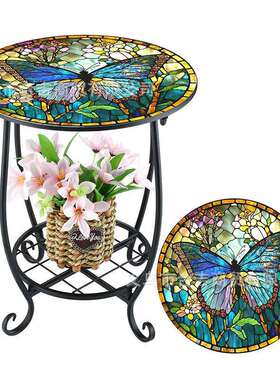 跨境新款欧式创意小鸟蝴蝶圆形马赛克铁艺桌子室外阳台花园置物架