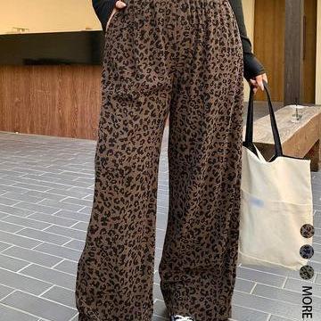 Women's Casual Leopard Print Elastic Waist Corduroy Loose
