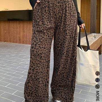 Women's Casual Leopard Print Elastic Waist Corduroy Loose