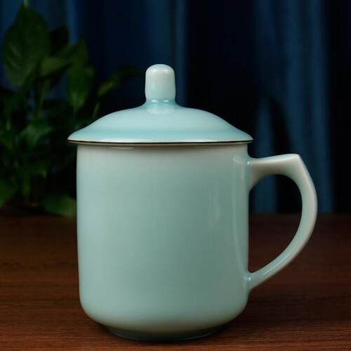 龙泉窑青瓷陈永德大师陶瓷泡茶杯带盖子会议杯办公杯大号水杯子礼