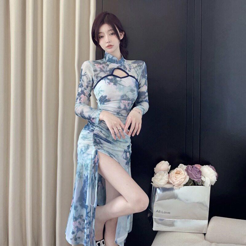 秋直播衣服女主播新中式国风性感网纱抽绳开叉长版改良旗袍洋装