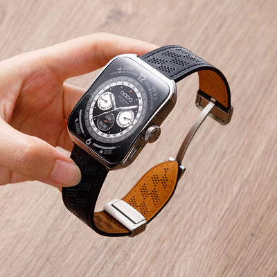 适用oppowatch4pro手表表带watch3pro微孔真皮透气oppowatchx男腕