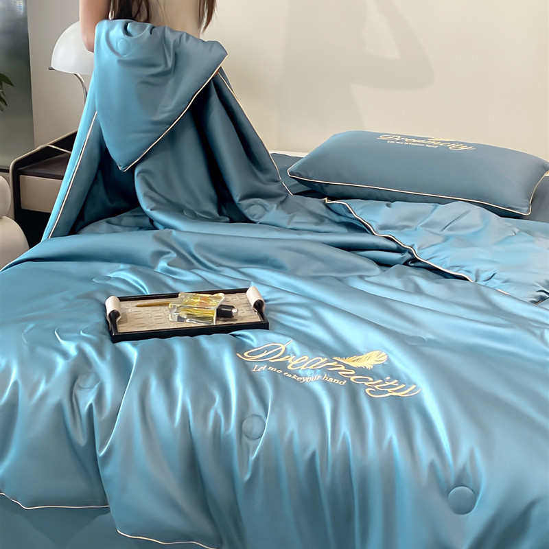 丝空调冰被夏凉四纯色被天三件套奢刺绣轻夏季丝件套礼品绣花被夏