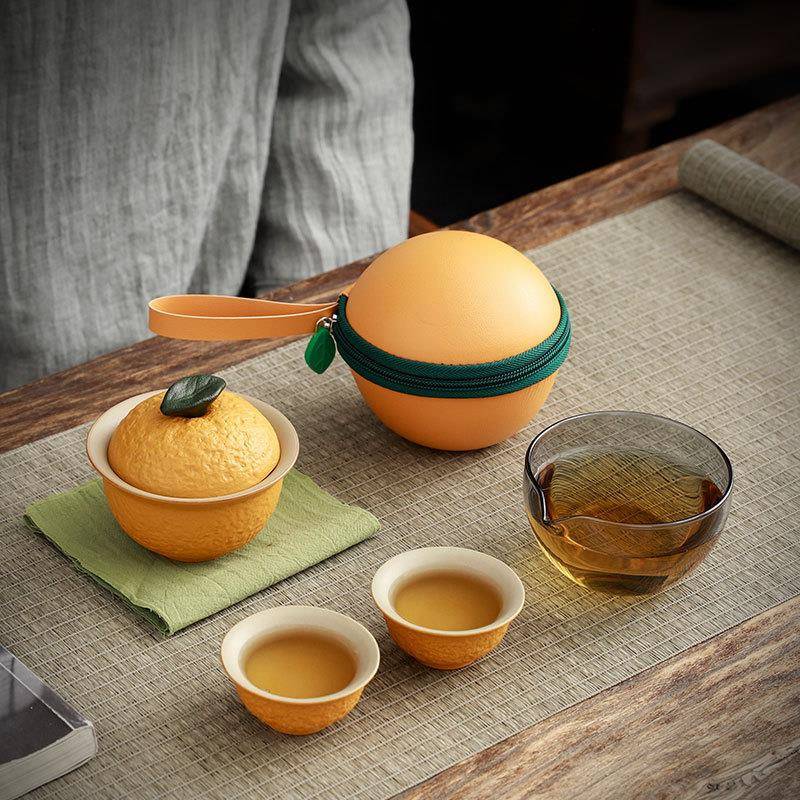 丑橘旅行茶具 陶瓷一壶两杯便携式快客杯户外露营随行茶杯个人