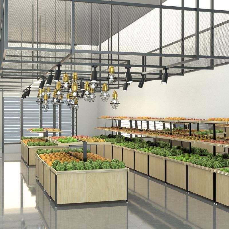 工厂镜面款水果展示架钢木生鲜超市水果货架实木多层板果蔬架
