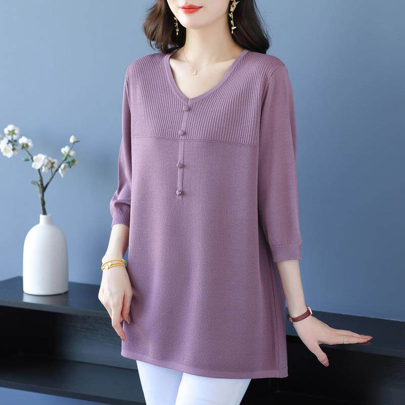 中年妈妈春夏季V领冰丝针织衫女中长款加肥加大码宽松显瘦中袖T恤