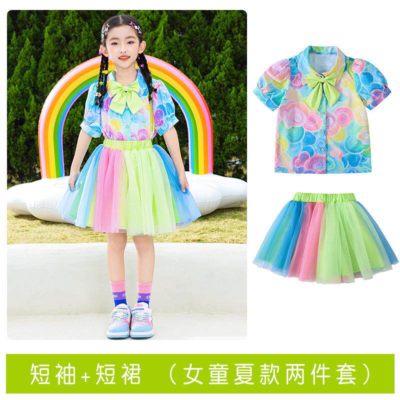 高档一儿童节表演服夏季啦啦操演六出服小套学生运动会彩虹装蓬蓬