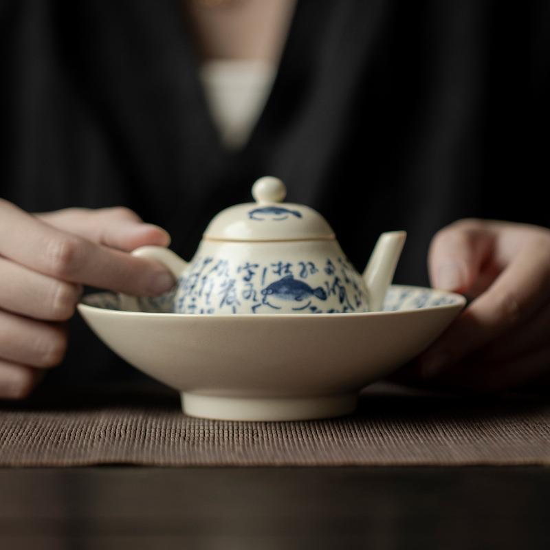 苏打釉青花诗文壶承纯手工陶瓷蓄水茶台盖碗茶壶垫家用干泡盘