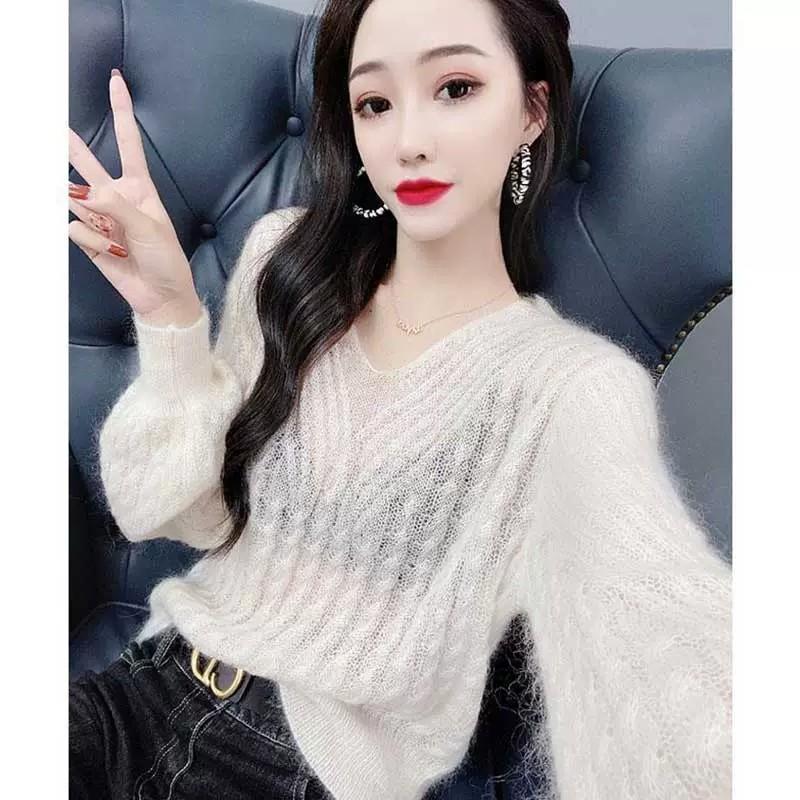 新品粉色马海毛针织衫女春秋季欧货漂亮毛衣薄款奶系软糯慵懒风打