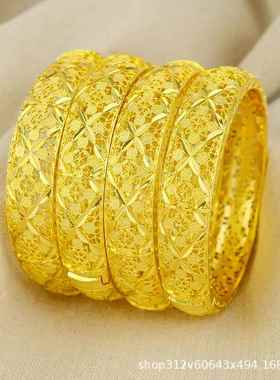 跨境迪拜女式24K镀金镂空手镯印度阿拉伯新娘结婚饰品金镯子