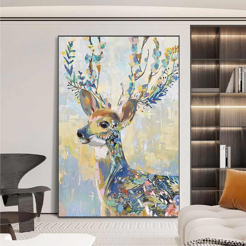 美式轻奢肌理画动物鹿装饰画纯手绘一路高升油画玄关走廊客厅挂画