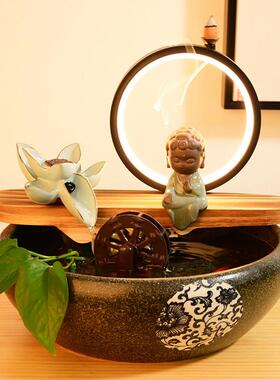 新中式创意客厅招财流水摆件风水轮喷泉桌面生财循环手工陶瓷鱼缸