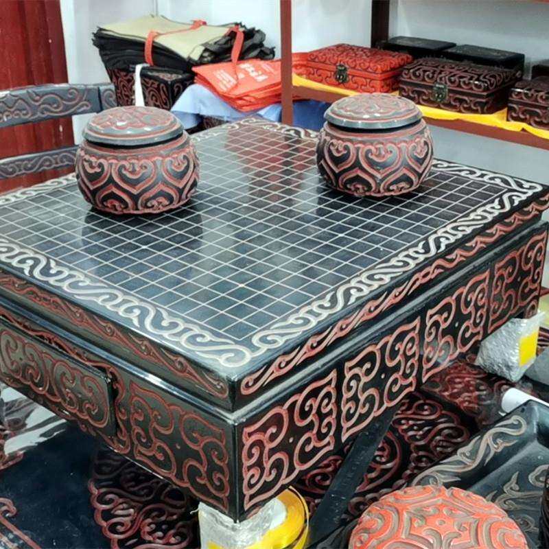 云雕漆器围棋桌围棋罐加厚漆层连体雕刻剔红工艺围棋盘日式小茶桌