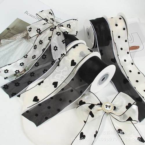 黑白波点爱心植绒小梅花纱带 diy丝带手工蝴蝶结发饰头饰发夹材料