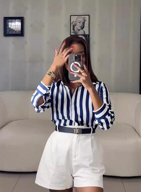 Women's blue striped shirt女装蓝色条纹衬衫