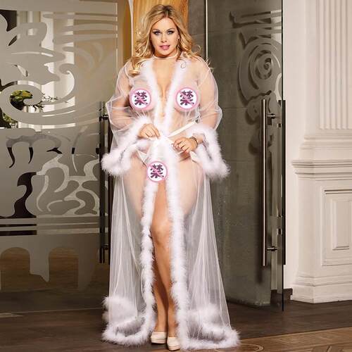 sexy Fluffy coat cloak Pajamas see through gauze long skirt