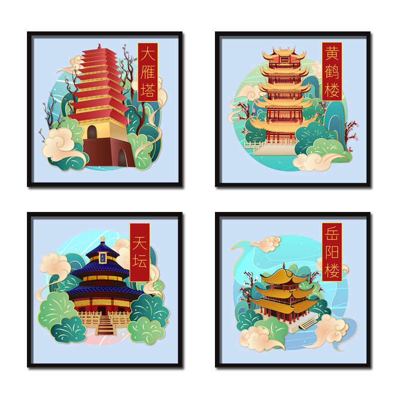 带框钻石画2023新款粘钻十字绣中国风卡通风景建筑手工贴钻黄鹤楼