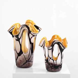 中古风黄色镂空琉璃花瓶样板间售楼处客厅沙发边几玄关大口径花器